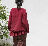 Original Design V-Neck Solid Color Loose Ruffled Lace-Up Top